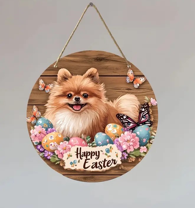 Pomeranian-Deko zum aufhängen aus Holz " Happy Easter "