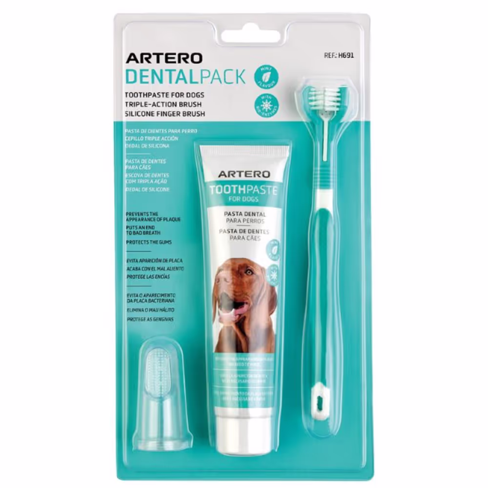 Artero Dental Pack – ein Set zum Reinigen der Zähne Ihres Hundes, eine Zahnbürste, eine Fingerkappe und Zahnpasta