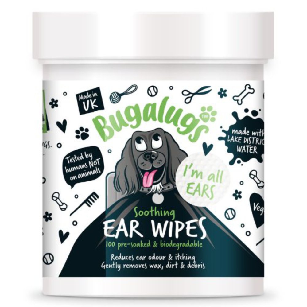 Bugalugs beruhigende Ohrtücher 100St. - biologisch abbaubare Wattepads zur Reinigung der Hundeohren